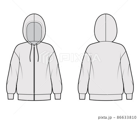 Zip-up Hoody sweatshirt technical fashion illustration with long sleeves, oversized body, drawstring. Flat extra large 86633810