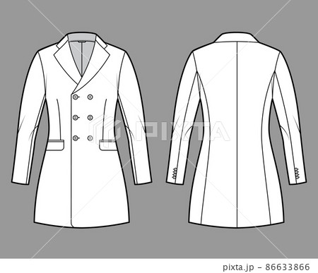 Fitted jacket double breasted suit technical fashion illustration with long sleeves, notched collar, fingertip length 86633866