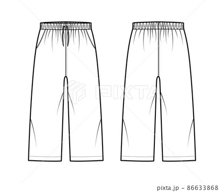 Bermuda shorts Activewear technical fashion illustration with elastic low waist, rise, drawstrings, pockets, Relaxed fit 86633868