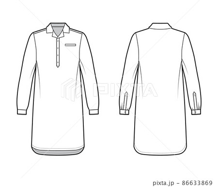 Nightshirt dress Sleepwear Pajama technical fashion illustration with knee length, classic henley collar, long sleeves 86633869