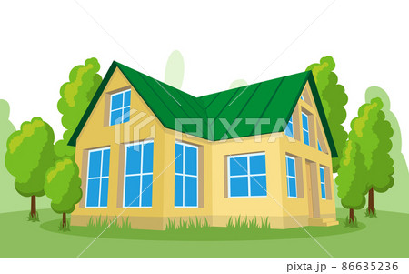 Summer landscape. 3D cottage icon surrounded by trees. 86635236