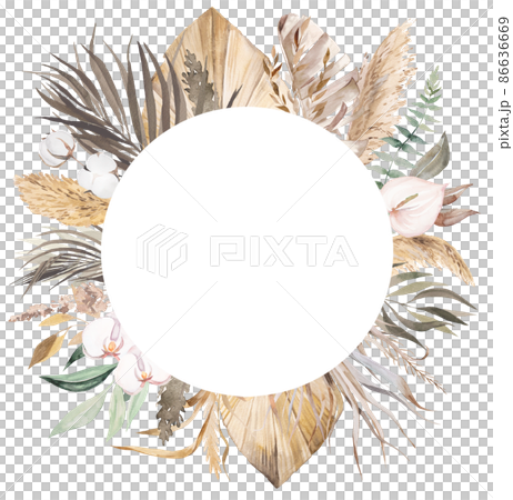 Watercolor Bohemian round frame with dried leaves and tropical flowers illustration Watercolor Bohemian round frame with dried leaves and tropical flowers illustration 86636669