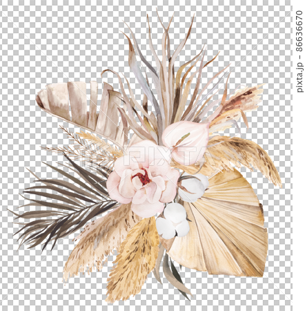 Watercolor Bohemian bouquet with dried leaves and tropical flowers illustration 86636670