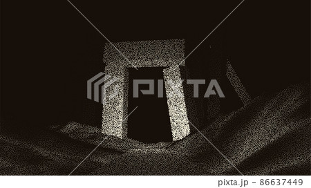 Ancient ruins in sci-fi scene with dotwork retro style. Mysterious gate debris with dramatic lights and retro texture 86637449