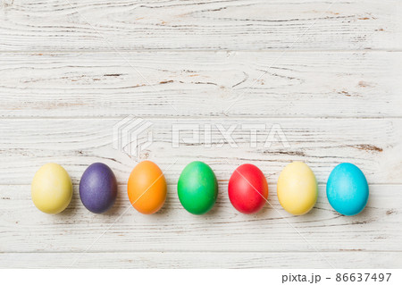 holiday preparation Multi colors Easter eggs on colored background . Pastel color Easter eggs. holiday concept with copy space holiday preparation Multi colors Easter eggs on colored background . Pastel color Easter eggs. holiday concept with copy space 86637497