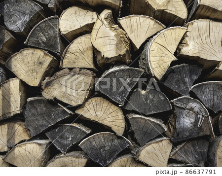 Rural abstract background with stack of firewood. Chopped wood stacked in pile. 86637791