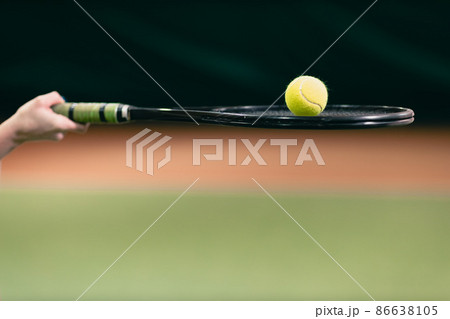 Tennis woman player hold racket and ball at court. Tennis woman player hold racket and ball at court. 86638105