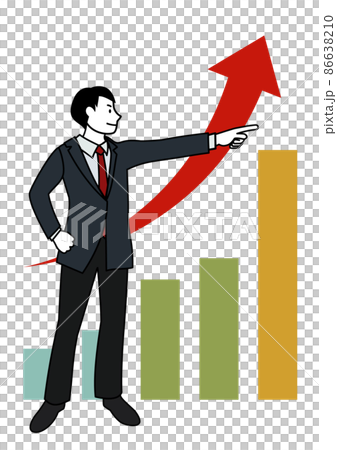 Illustration material: Upward bar graph and business person pointing with a confident look Illustration material: Upward bar graph and business person pointing with a confident look 86638210