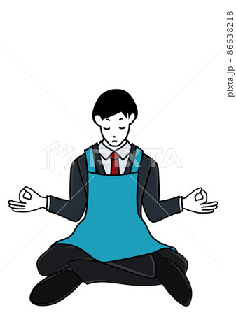 スーツの上にエプロンを着けて座禅を組む男性 仕事と家事の両立をイメージ のイラスト素材