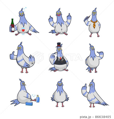 Collection of vector funny prints with Doves. Set of stickers with vulgar birds: alcoholic, egghead, fool, tosser. Templates of illustrations for t-shirts. 86638405