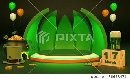 Happy St. Patrick's Day greeting Podium, beer glass and green hat on bright green background. 3d Rendering Happy St. Patrick's Day greeting Podium, beer glass and green hat on bright green background. 3d Rendering 86638471