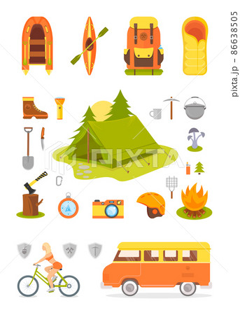 Vector collection of types of equipment for camp, hiking, outdoor activities, and traveling to wild nature. Camping illustrations of the tent in a forest, trailer, and sport sexy girl on a bike. 86638505