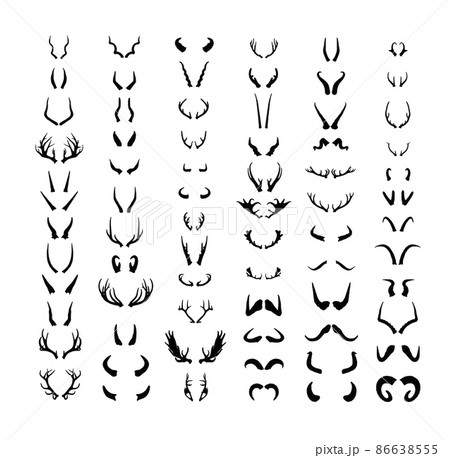 Set of horns of different animals. Black silhouettes of horns isolated on a white background. Set of horns of different animals. Black silhouettes of horns isolated on a white background. 86638555