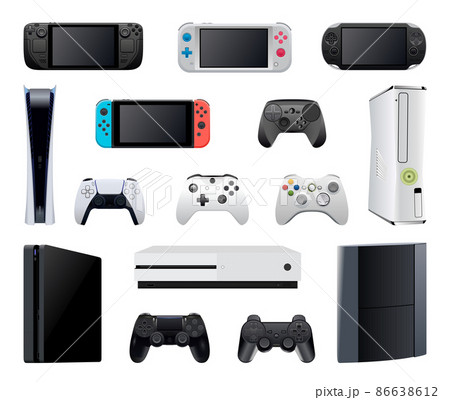 Set of realistic game consoles isolated on white background. 86638612