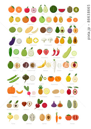 Colorful set of whole and cut fruits and vegetables in a flat style. Colorful set of whole and cut fruits and vegetables in a flat style. 86638665