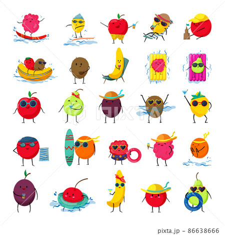 Collection of funny cartoon colorful fruits. Vector illustrations for children. Cute characters with different emotions. Collection of funny cartoon colorful fruits. Vector illustrations for children. Cute characters with different emotions. 86638666