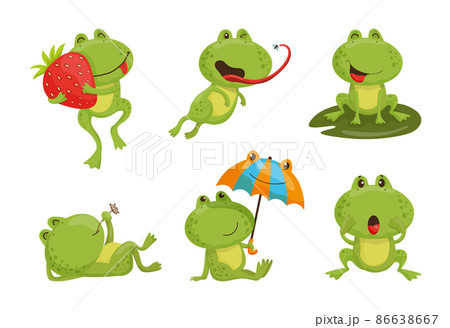 Collection of cartoon illustrations with frog performing different actions. Colorful cute character. 86638667