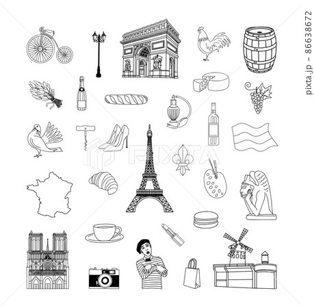 Collection of line drawings of France. Illustrations for coloring pages and templates. 86638672