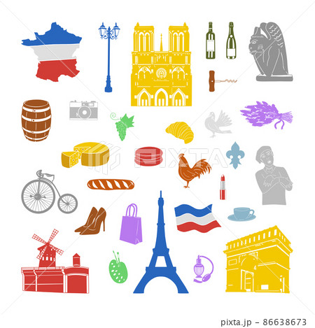 Vector objects associated with france. Illustrations of parisian landmarks in modern flat style. Vector objects associated with france. Illustrations of parisian landmarks in modern flat style. 86638673