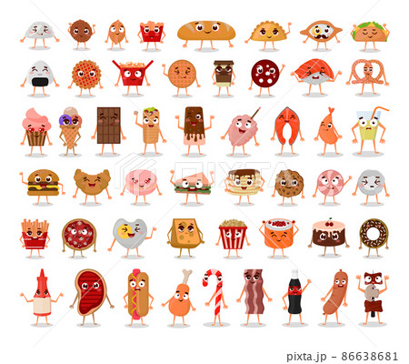 Collection of funny food characters. Cartoon illustrations. 86638681