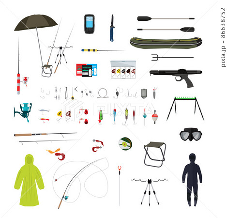 Vector set of fishing equipments. Realistic icons. Vector set of fishing equipments. Realistic icons. 86638752