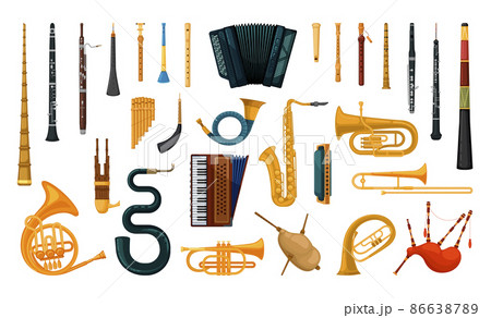 Collection of wind instruments. National folk instruments. Detailed illustrations with musical instruments. 86638789