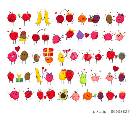 Collection of illustrations with fruits and berries in love. Loving couples of fruits. Illustrations for Valentine's Day. 86638827