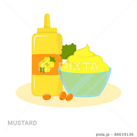Vector illustration of the bowl with mustard and the bottle with mustard oil. Food additive on a white background. 86639136