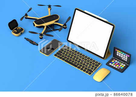 Desktop computer with keyboard, mouse, drone and controller on blue background Desktop computer with keyboard, mouse, drone and controller on blue background 86640078