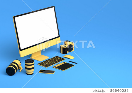 Desktop computer with keyboard, tablet, phone and DSLR camera on blue background 86640085