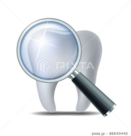 Icon check teeth at dentist. Healthy shiny tooth under magnifying glass Icon check teeth at dentist. Healthy shiny tooth under magnifying glass 86640440
