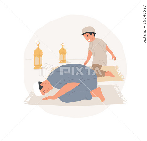 Teaching kids to pray abstract concept vector illustration. Teacher learning son to pray, everyday Muslim religious rituals, making Sujud, body touch to ground abstract metaphor. 86640597