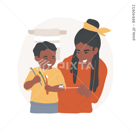 Teach brushing teeth abstract concept vector illustration. Parent shows how to hold tooth brush, family brushing teeth together, child personal hygiene skill, homebased daycare abstract metaphor. 86640652