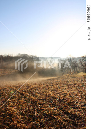 Winter morning, fog, sun and the sky over the frozen countryside near Zagreb, Croatia 86640964