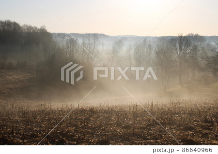 Winter morning, fog, sun and the sky over the frozen countryside near Zagreb, Croatia 86640966