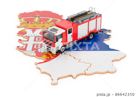 Fire department in Serbia. Fire engine truck on the Serbian map. 3D rendering 86642350