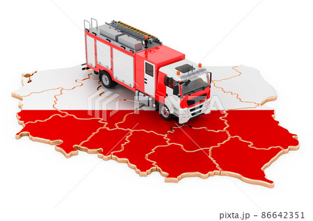 Fire department in Poland. Fire engine truck on the Polish map. 3D rendering 86642351
