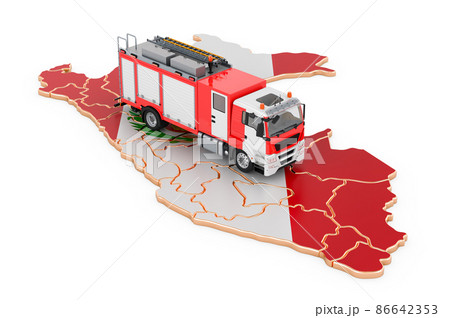 Fire department in Peru. Fire engine truck on the Peruvian map. 3D rendering Fire department in Peru. Fire engine truck on the Peruvian map. 3D rendering 86642353
