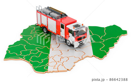 Fire department in Nigeria. Fire engine truck on the Nigerian map. 3D rendering 86642388