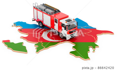 Fire department in Azerbaijan. Fire engine truck on the Azerbaijani map. 3D rendering 86642420