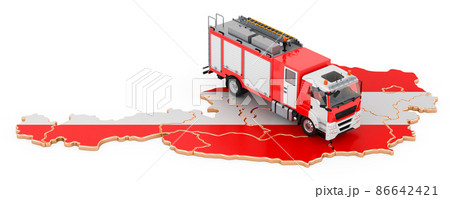 Fire department in Austria. Fire engine truck on the Austrian map. 3D rendering 86642421