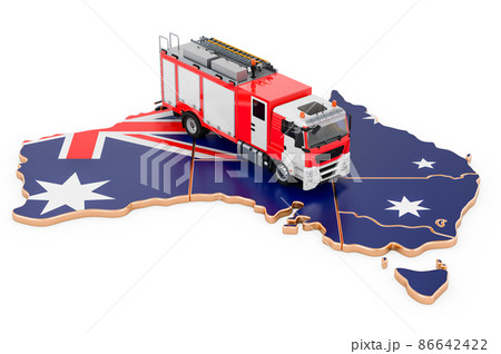 Fire department in Australia. Fire engine truck on the Australian map. 3D rendering 86642422