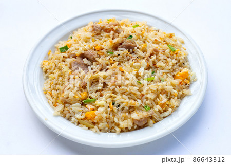 Fried rice in white plate on white background. Fried rice in white plate on white background. 86643312