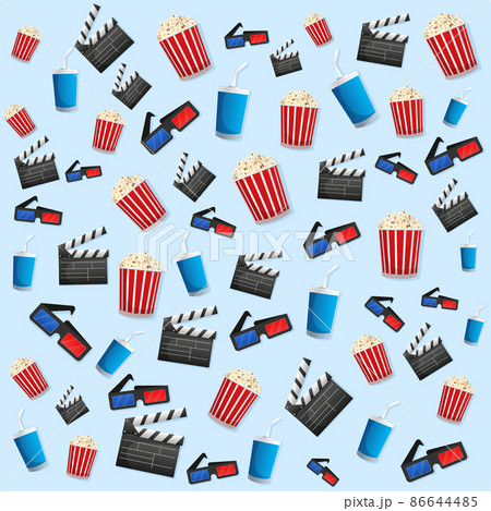 Cartoon illustration with yellow popcorn pattern on white background. Pink, white pattern vector illustration Cartoon illustration with yellow popcorn pattern on white background. Pink, white pattern vector illustration 86644485