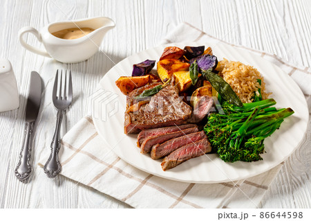 Steak with mustard sauce, top view Steak with mustard sauce, top view 86644598