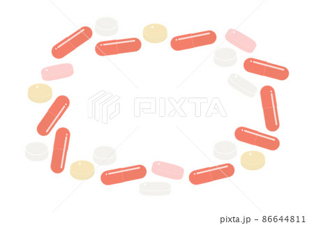 カラフルな白・黄色・ピンクの錠剤と赤いカプセル型の飲み薬 - 手書きのコロナウイルスの治療薬のフレー 86644811