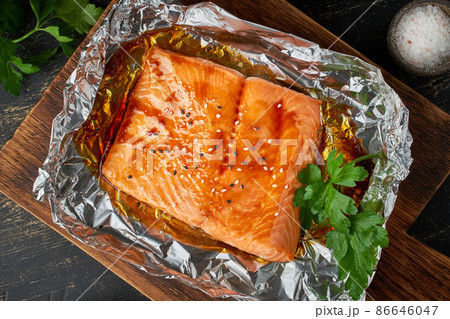 Foil pack dinner with fish. Fillet of salmon. Healthy diet food, keto diet 86646047