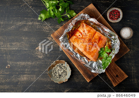 Foil pack dinner with fish. Fillet of salmon. Healthy diet food, keto diet 86646049