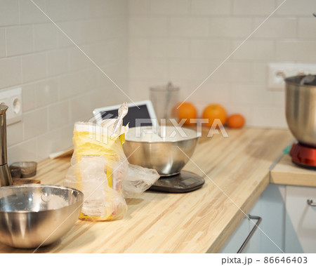 Cooking and baking food kitchen background at home, apartment, flour, digital tablet 86646403