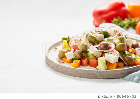 vegeterian mediterranean food, low calories dieting meal. Copy space, Greek village salad vegeterian mediterranean food, low calories dieting meal. Copy space, Greek village salad 86646703